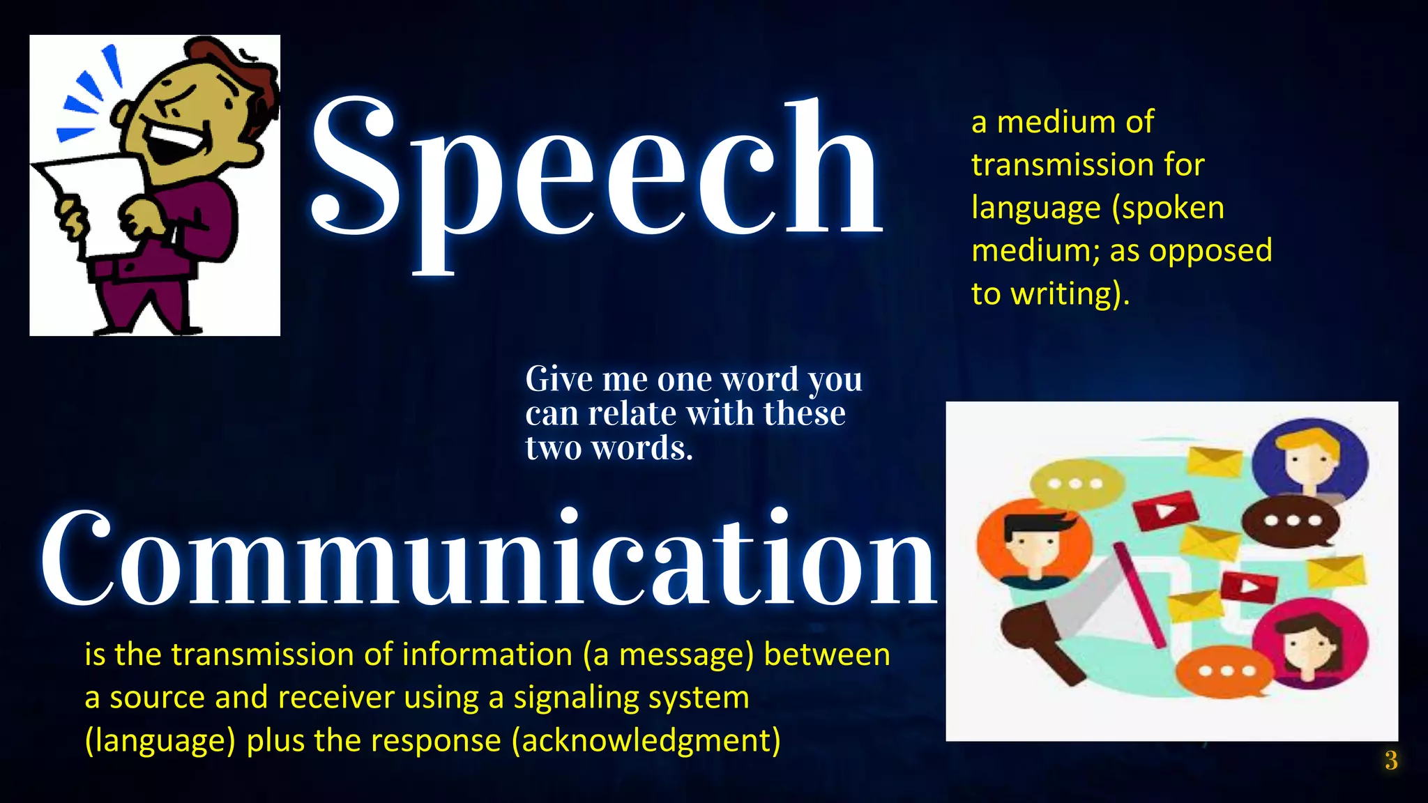 Speech
3
Communication
Give me one word you
can relate with these
two words.
a medium of
transmission for
language (spoken
medium; as opposed
to writing).
is the transmission of information (a message) between
a source and receiver using a signaling system
(language) plus the response (acknowledgment)
 