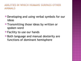  Developing   and using verbal symbols for our
  ideas
 Transmitting those ideas by written or
  spoken word
 Facility to use our hands
 Both language and manual dexterity are
  functions of dominant hemisphere
 