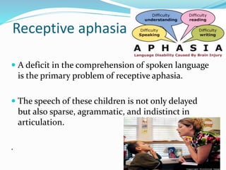 Receptive aphasia
 A deficit in the comprehension of spoken language
is the primary problem of receptive aphasia.
 The speech of these children is not only delayed
but also sparse, agrammatic, and indistinct in
articulation.
.
 