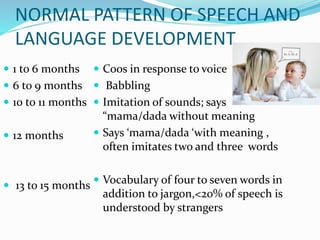 NORMAL PATTERN OF SPEECH AND
LANGUAGE DEVELOPMENT
 1 to 6 months
 6 to 9 months
 10 to 11 months
 12 months
 13 to 15 months
 Coos in response to voice
 Babbling
 Imitation of sounds; says
“mama/dada without meaning
 Says ‘mama/dada ‘with meaning ,
often imitates two and three words
 Vocabulary of four to seven words in
addition to jargon,<20% of speech is
understood by strangers
 