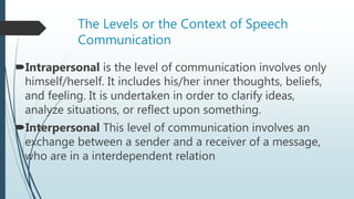 The Levels or the Context of Speech
Communication
Intrapersonal is the level of communication involves only
himself/herself. It includes his/her inner thoughts, beliefs,
and feeling. It is undertaken in order to clarify ideas,
analyze situations, or reflect upon something.
Interpersonal This level of communication involves an
exchange between a sender and a receiver of a message,
who are in a interdependent relation
 