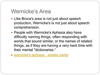 Wernicke’s Area
 Like Broca's area is not just about speech
production, Wernicke's is not just about speech
comprehension.
 People with Wernicke's Aphasia also have
difficulty naming things, often responding with
words that sound similar, or the names of related
things, as if they are having a very hard time with
their mental "dictionaries.“
 wernicke's aphasia - amelia carter
 