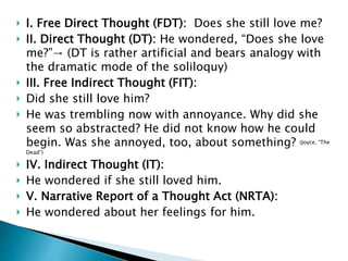  I. Free Direct Thought (FDT): Does she still love me?
 II. Direct Thought (DT): He wondered, “Does she love
me?”→ (DT is rather artificial and bears analogy with
the dramatic mode of the soliloquy)
 III. Free Indirect Thought (FIT):
 Did she still love him?
 He was trembling now with annoyance. Why did she
seem so abstracted? He did not know how he could
begin. Was she annoyed, too, about something? (Joyce, “The
Dead”)
 IV. Indirect Thought (IT):
 He wondered if she still loved him.
 V. Narrative Report of a Thought Act (NRTA):
 He wondered about her feelings for him.
 