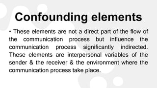 Confounding elements
• These elements are not a direct part of the flow of
the communication process but influence the
communication process significantly indirected.
These elements are interpersonal variables of the
sender & the receiver & the environment where the
communication process take place.
 