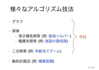 12
様々なアルゴリズム技法
• 探索
• 二分探索 (例: 年齢当てゲーム)
• 深さ優先探索 (例: 数独ソルバー)
• 幅優先探索 (例: 迷路の最短路)
• 動的計画法 (例: 編集距離)
• グラフ
今日
/ 99
 