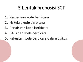 5 bentuk proposisi SCT
1. Perbedaan kode berbicara
2. Hakekat kode berbicara
3. Penafsiran kode berbicara
4. Situs dari kode berbicara
5. Kekuatan kode berbicara dalam diskusi
 