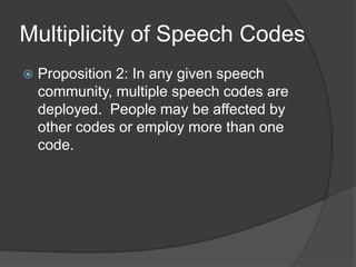 Multiplicity of Speech CodesProposition 2: In any given speech community, multiple speech codes are deployed.  People may be affected by other codes or employ more than one code.