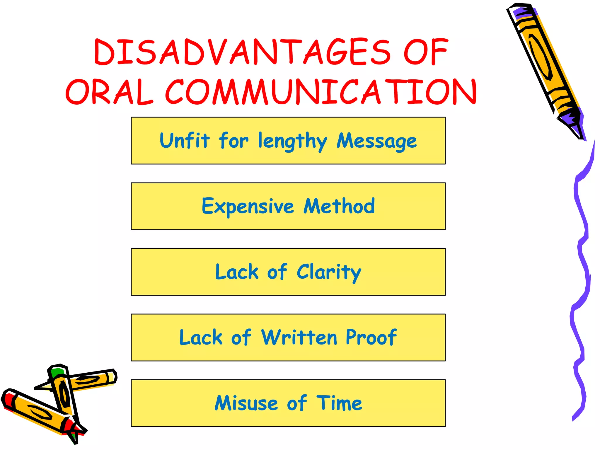 DISADVANTAGES OF
ORAL COMMUNICATION
    Unfit for lengthy Message


        Expensive Method


         Lack of Clarity


     Lack of Written Proof


         Misuse of Time
 