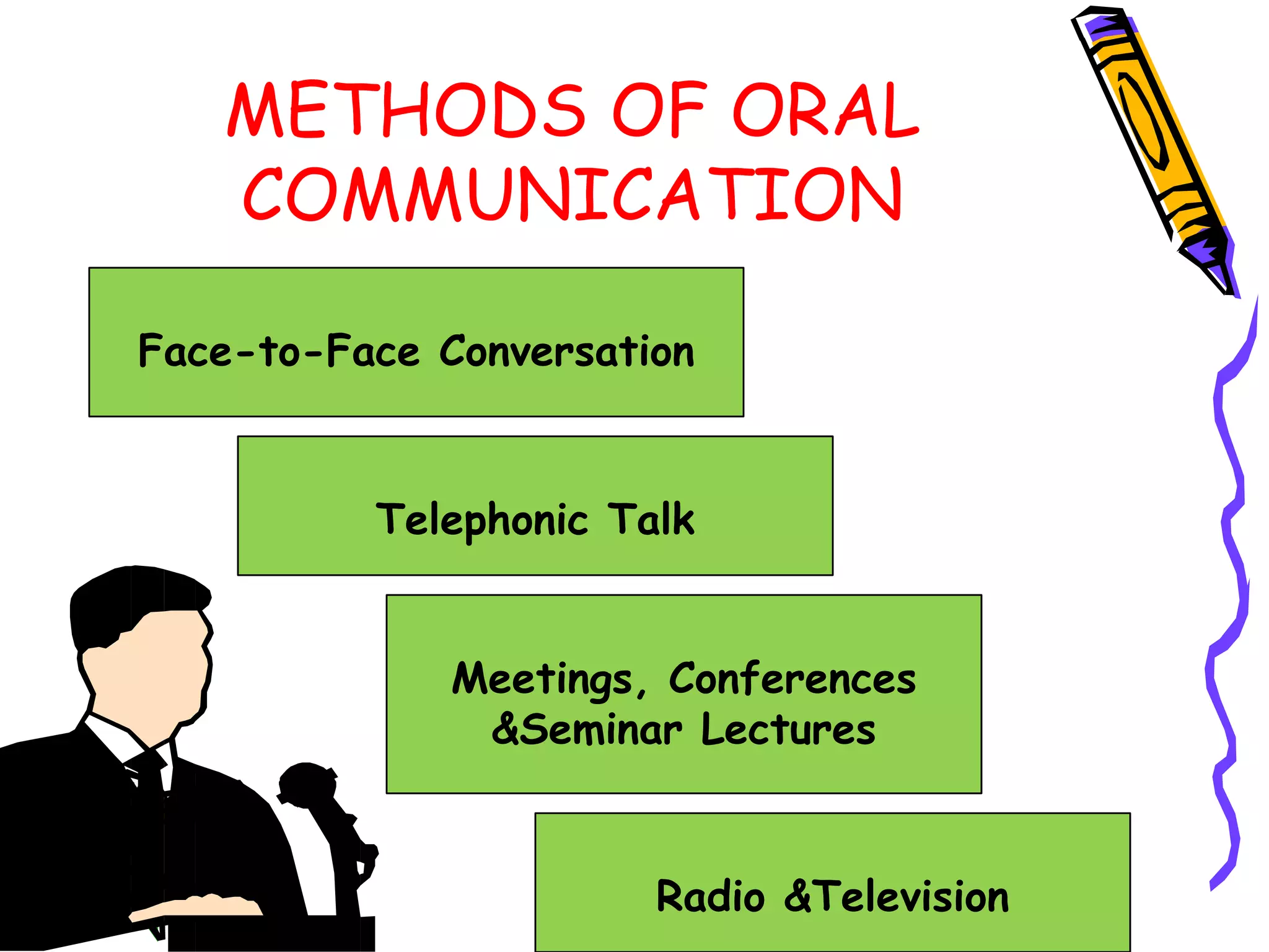 METHODS OF ORAL
   COMMUNICATION

Face-to-Face Conversation


          Telephonic Talk


              Meetings, Conferences
               &Seminar Lectures


                       Radio &Television
 