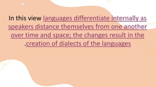 In this view languages differentiate internally as
speakers distance themselves from one another
over time and space; the changes result in the
creation of dialects of the languages
.
 