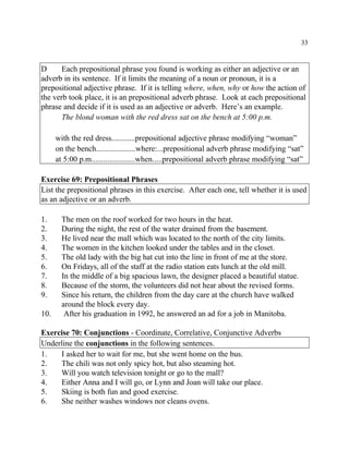 33
D Each prepositional phrase you found is working as either an adjective or an
adverb in its sentence. If it limits the meaning of a noun or pronoun, it is a
prepositional adjective phrase. If it is telling where, when, why or how the action of
the verb took place, it is an prepositional adverb phrase. Look at each prepositional
phrase and decide if it is used as an adjective or adverb. Here’s an example.
The blond woman with the red dress sat on the bench at 5:00 p.m.
with the red dress............prepositional adjective phrase modifying “woman”
on the bench....................where:...prepositional adverb phrase modifying “sat”
at 5:00 p.m......................when.....prepositional adverb phrase modifying “sat”
Exercise 69: Prepositional Phrases
List the prepositional phrases in this exercise. After each one, tell whether it is used
as an adjective or an adverb.
1. The men on the roof worked for two hours in the heat.
2. During the night, the rest of the water drained from the basement.
3. He lived near the mall which was located to the north of the city limits.
4. The women in the kitchen looked under the tables and in the closet.
5. The old lady with the big hat cut into the line in front of me at the store.
6. On Fridays, all of the staff at the radio station eats lunch at the old mill.
7. In the middle of a big spacious lawn, the designer placed a beautiful statue.
8. Because of the storm, the volunteers did not hear about the revised forms.
9. Since his return, the children from the day care at the church have walked
around the block every day.
10. After his graduation in 1992, he answered an ad for a job in Manitoba.
Exercise 70: Conjunctions - Coordinate, Correlative, Conjunctive Adverbs
Underline the conjunctions in the following sentences.
1. I asked her to wait for me, but she went home on the bus.
2. The chili was not only spicy hot, but also steaming hot.
3. Will you watch television tonight or go to the mall?
4. Either Anna and I will go, or Lynn and Joan will take our place.
5. Skiing is both fun and good exercise.
6. She neither washes windows nor cleans ovens.
 