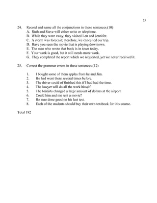 55
24. Record and name all the conjunctions in these sentences.(10)
A. Ruth and Steve will either write or telephone.
B. While they were away, they visited Len and Jennifer.
C. A storm was forecast; therefore, we cancelled our trip.
D. Have you seen the movie that is playing downtown.
E. The man who wrote that book is in town today.
F. Your work is good, but it still needs more work.
G. They completed the report which we requested, yet we never received it.
25. Correct the grammar errors in these sentences.(12)
1. I bought some of them apples from he and Jim.
2. He had went there several times before.
3. The driver could of finished this if I had had the time.
4. The lawyer will do all the work hisself.
5. The tourists changed a large amount of dollars at the airport.
6. Could him and me rent a movie?
7. He sure done good on his last test.
8. Each of the students should buy their own textbook for this course.
Total 192
 