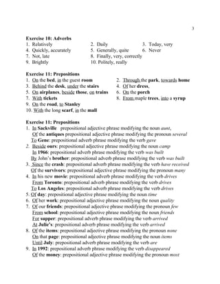 3
Exercise 10: Adverbs
1. Relatively 2. Daily 3. Today, very
4. Quickly, accurately 5. Generally, quite 6. Never
7. Not, late 8. Finally, very, correctly
9. Brightly 10. Politely, really
Exercise 11: Prepositions
1. On the bed, in the guest room 2. Through the park, towards home
3. Behind the desk, under the stairs 4. Of her dress,
5. On airplanes, beside those, on trains 6. On the porch
7. With tickets 8. From maple trees, into a syrup
9. On the road, to Stanley
10. With the long scarf, in the mall
Exercise 11: Prepositions
1. In Sackville prepositional adjective phrase modifying the noun aunt,
Of the antiques prepositional adjective phrase modifying the pronoun several
To Gene: prepositional adverb phrase modifying the verb gave
2. Beside ours: prepositional adjective phrase modifying the noun camp
In 1966: prepositional adverb phrase modifying the verb was built
By John’s brother: prepositional adverb phrase modifying the verb was built
3. Since the crash: prepositional adverb phrase modifying the verb have received
Of the survivors: prepositional adjective phrase modifying the pronoun many
4. In his new movie: prepositional adverb phrase modifying the verb drives
From Toronto: prepositional adverb phrase modifying the verb drives
To Los Angeles: prepositional adverb phrase modifying the verb drives
5. Of day: prepositional adjective phrase modifying the noun time
6. Of her work: prepositional adjective phrase modifying the noun quality
7. Of our friends: prepositional adjective phrase modifying the pronoun few
From school: prepositional adjective phrase modifying the noun friends
For supper: prepositional adverb phrase modifying the verb arrived
At Julie’s: prepositional adverb phrase modifying the verb arrived
8. Of the items: prepositional adjective phrase modifying the pronoun none
On that page: prepositional adjective phrase modifying the noun items
Until July: prepositional adverb phrase modifying the verb are
9. In 1992: prepositional adverb phrase modifying the verb disappeared
Of the money: prepositional adjective phrase modifying the pronoun most
 
