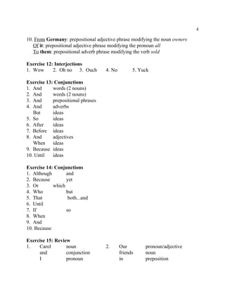 4
10. From Germany: prepositional adjective phrase modifying the noun owners
Of it: prepositional adjective phrase modifying the pronoun all
To them: prepositional adverb phrase modifying the verb sold
Exercise 12: Interjections
1. Wow 2. Oh no 3. Ouch 4. No 5. Yuck
Exercise 13: Conjunctions
1. And words (2 nouns)
2. And words (2 nouns)
3. And prepositional phrases
4. And adverbs
But ideas
5. So ideas
6. After ideas
7. Before ideas
8. And adjectives
When ideas
9. Because ideas
10. Until ideas
Exercise 14: Conjunctions
1. Although and
2. Because yet
3. Or which
4. Who but
5. That both...and
6. Until
7. If so
8. When
9. And
10. Because
Exercise 15: Review
1. Carol noun 2. Our pronoun/adjective
and conjunction friends noun
I pronoun in preposition
 