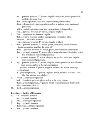 17
his......personal pronoun, 3 person, singular, masculine, shows possession,rd
modifies the noun boss
that.....relative pronoun, used as a conjunction to join two ideas
those.....demonstrative pronoun, plural, refers to a plural noun mentioned
previously
which.....relative pronoun, used as a conjunction to join two ideas
you......personal pronoun, 2 person, singular or pluralnd
6. That.....demonstrative pronoun, singular
that......relative pronoun, used as a conjunction joining two ideas
someone......indefinite pronoun
you......personal pronoun, 2 person, singular or pluralnd
7. their.....personal pronoun, 3 person, plural, masculine and/or feminine,rd
shows possession, modifies the noun bill
them......personal pronoun, 3 person, plural, masculine and/or femininerd
they.....personal pronoun, 3 person, plural, masculine and/or feminine, refersrd
to a plural noun mentioned previously
it......personal pronoun, 3 person, singular, no gender, refers to a singularrd
noun mentioned previously.
8. My.....personal pronoun, 1 person, singular, shows possession, modifies thest
noun attempt, refers to the person speaking
I.....personal pronoun, 1 person, singular, refers to the person speakingst
I.....(as above)
it.....personal pronoun, 3 person, singular, neuter, refers to a “whole” ideard
(the first attempt was a failure)
9. Which.....interrogative pronoun
both......indefinite pronoun, plural, refers to the noun choices
them.....personal pronoun, 3 person, plural, refers to pronoun both whichrd
refers to the noun choices
10. itself......emphatic pronoun
Exercise 41: Review of Pronouns
1. all.....indefinite pronoun
my.....personal pronoun
2. who.....interrogative pronoun
3. they.....personal pronoun
themselves......reflexive pronoun
4. You.....personal pronoun
 