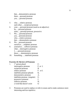 18
that.....demonstrative pronoun
them.....personal pronoun
you......personal pronoun
5. who......relative pronoun
each other......reciprocal pronoun
6. your......personal pronoun (used as an adjective)
he......personal pronoun
mine......personal pronoun, possessive
7. We......personal pronoun
you.....personal pronoun
who.....relative pronoun
that......demonstrative pronoun
8. We.....personal pronoun
ourselves......emphatic pronoun
9. yourselves......reflexive pronoun
what.....interrogative pronoun
I.......personal pronoun
those.......demonstrative pronoun
10. Something.......indefinite pronoun
Exercise 42: Review of Pronouns
1. 1 person plural C.st
interrogative pronoun F. or I.
reciprocal pronoun B
relative pronoun F. or I.
indefinite pronoun (plural) K.
demonstrative pronoun A.
indefinite pronoun (singular) E.
possessive pronoun J.
reflexive pronoun H.
a word that doesn’t exist G
2. Pronouns are used to replace or refer to nouns and to make sentences more
interesting and less repetitive.
 