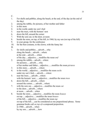 33
C.
1. For shells and pebbles, along the beach, at the end, of the day (at the end of
the day)
2. among the rubble, for pictures, of her mother and father
3. in this store
4. in the world, under my son’s bed
5. near the trees, with the hornets’ nest
6. down the hill, around the corner
7. With the sore ear, to the door, at noon
8. beside the store, on top, of the hill, in 1960, by my son (on top of the hill)
9. in your group, for the conference
10. for the best costume, to the clown, with the funny hat
D.
1. for shells and pebbles.....adverb.....why
along the beach.....adverb.....where
at the end.....adverb......when
of the day.....adjective......modifies the noun end
2. among the rubble.....adverb.....where
for pictures......adverb......why
of her mother and father.....adjective.......modifies the noun pictures
3. in this store......adverb......where
4. in the world.....adjective......modifies the noun socks
under my son’s bed......adverb......where
5. near the trees......adverb.....where
with the hornets’ nest.......adjective.....modifies the noun trees
6. down the hill.....adverb.....where
around the corner.......adverb.....where
7. with the sore ear......adjective.....modifies the noun cat
to the door.....adverb.....where
at noon......adverb.....when
8. beside the store......adjective.....modifies the noun houses
on top......adjective......modifies the noun houses
of the hill......adjective.....modifies the noun top
on top of the hill......can be considered as one prepositional phrase. Some
grammar books call on top of a compound preposition.
in 1960.....adverb.....when
by my son......adverb......how
 