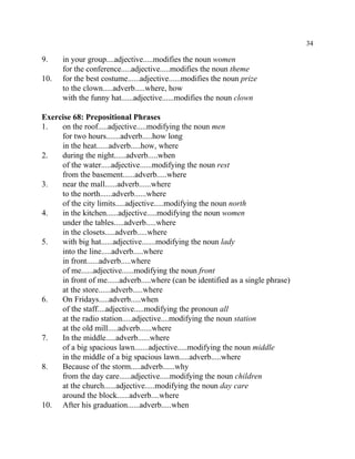 34
9. in your group....adjective.....modifies the noun women
for the conference.....adjective.....modifies the noun theme
10. for the best costume......adjective......modifies the noun prize
to the clown.....adverb.....where, how
with the funny hat......adjective......modifies the noun clown
Exercise 68: Prepositional Phrases
1. on the roof.....adjective.....modifying the noun men
for two hours.......adverb.....how long
in the heat......adverb.....how, where
2. during the night......adverb.....when
of the water.....adjective......modifying the noun rest
from the basement......adverb.....where
3. near the mall......adverb......where
to the north......adverb......where
of the city limits.....adjective.....modifying the noun north
4. in the kitchen......adjective.....modifying the noun women
under the tables.....adverb.....where
in the closets.....adverb.....where
5. with big hat......adjective.......modifying the noun lady
into the line.....adverb.....where
in front......adverb.....where
of me......adjective......modifying the noun front
in front of me......adverb.....where (can be identified as a single phrase)
at the store......adverb.....where
6. On Fridays.....adverb.....when
of the staff....adjective.....modifying the pronoun all
at the radio station.....adjective....modifying the noun station
at the old mill.....adverb......where
7. In the middle.....adverb......where
of a big spacious lawn.......adjective.....modifying the noun middle
in the middle of a big spacious lawn.....adverb.....where
8. Because of the storm.....adverb......why
from the day care......adjective.....modifying the noun children
at the church......adjective.....modifying the noun day care
around the block......adverb....where
10. After his graduation......adverb.....when
 