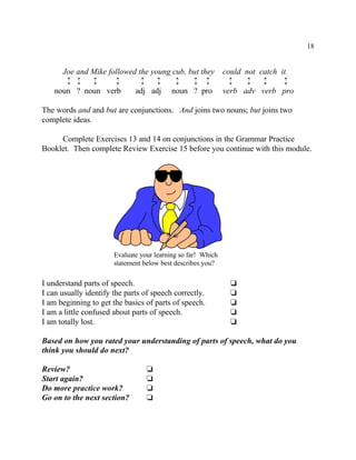 18
Evaluate your learning so far! Which
statement below best describes you?
Joe and Mike followed the young cub, but they could not catch it.
ù ù ù ù ù ù ù ù ù ù ù ù ù
noun ? noun verb adj adj noun ? pro verb adv verb pro
The words and and but are conjunctions. And joins two nouns; but joins two
complete ideas.
Complete Exercises 13 and 14 on conjunctions in the Grammar Practice
Booklet. Then complete Review Exercise 15 before you continue with this module.
I understand parts of speech. ‘
I can usually identify the parts of speech correctly. ‘
I am beginning to get the basics of parts of speech. ‘
I am a little confused about parts of speech. ‘
I am totally lost. ‘
Based on how you rated your understanding of parts of speech, what do you
think you should do next?
Review? ‘
Start again? ‘
Do more practice work? ‘
Go on to the next section? ‘
 