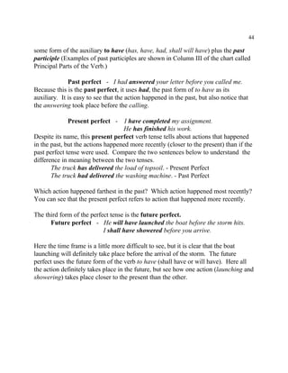 44
some form of the auxiliary to have (has, have, had, shall will have) plus the past
participle (Examples of past participles are shown in Column III of the chart called
Principal Parts of the Verb.)
Past perfect - I had answered your letter before you called me.
Because this is the past perfect, it uses had, the past form of to have as its
auxiliary. It is easy to see that the action happened in the past, but also notice that
the answering took place before the calling.
Present perfect - I have completed my assignment.
He has finished his work.
Despite its name, this present perfect verb tense tells about actions that happened
in the past, but the actions happened more recently (closer to the present) than if the
past perfect tense were used. Compare the two sentences below to understand the
difference in meaning between the two tenses.
The truck has delivered the load of topsoil. - Present Perfect
The truck had delivered the washing machine. - Past Perfect
Which action happened farthest in the past? Which action happened most recently?
You can see that the present perfect refers to action that happened more recently.
The third form of the perfect tense is the future perfect.
Future perfect - He will have launched the boat before the storm hits.
I shall have showered before you arrive.
Here the time frame is a little more difficult to see, but it is clear that the boat
launching will definitely take place before the arrival of the storm. The future
perfect uses the future form of the verb to have (shall have or will have). Here all
the action definitely takes place in the future, but see how one action (launching and
showering) takes place closer to the present than the other.
 