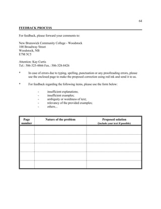 64
FEEDBACK PROCESS
For feedback, please forward your comments to:
New Brunswick Community College - Woodstock
100 Broadway Street
Woodstock, NB
E7M 5C5
Attention: Kay Curtis
Tel.: 506-325-4866 Fax.: 506-328-8426
* In case of errors due to typing, spelling, punctuation or any proofreading errors, please
use the enclosed page to make the proposed correction using red ink and send it to us.
* For feedback regarding the following items, please use the form below:
- insufficient explanations;
- insufficient examples;
- ambiguity or wordiness of text;
- relevancy of the provided examples;
- others...
Page Nature of the problem Proposed solution
number (include your text if possible)
 