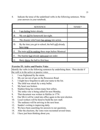 25
4. Indicate the tense of the underlined verbs in the following sentences. Write
your answers in your notebook.
SENTENCE TENSE?
A. I am feeling better already.
B. My son did his homework last night.
C. The disaster relief team has sprung into action.
D. By the time you get to school, the bell will already
have rung.
E. The train will be making three stops before Montreal
F. The butcher had already delivered our order.
G. Barry threw the ball to first base.
Exercise 53: Active and Passive Voice
Identify the verbs in the following sentences by underlining them. Then decide if
the verb is in the active or passive voice.
1. I was frightened by the storm.
2. My car ran out of gas on the Resources Road.
3. I might have forgotten to add your name to the list.
4. The child was struck by a stray bullet.
5. My heart was broken.
6. Stephen King has written many best sellers.
7. The strike vote is being called for next Monday.
8. That document was written in Halifax in 1774.
9. Our MLA will be voted into office again in the next election.
10. Local workers will be hired to build the new mall.
11. The audience will be arriving in the next hour.
12. Sandra’s writing is improving daily.
13. We have been searching for answers to our questions.
14. After the elections, the votes were recounted several times.
15. I have just been thinking about you.
 