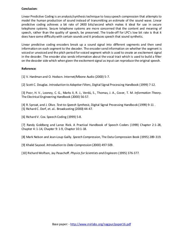 speech compression using loosy predictive coding lpc form h3038