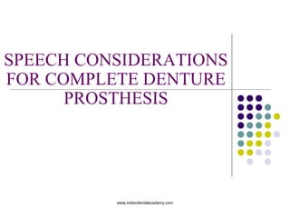 SPEECH CONSIDERATIONS
FOR COMPLETE DENTURE
PROSTHESIS
www.indiandentalacademy.com
 
