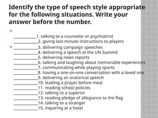Identify the type of speech style appropriate
for the following situations. Write your
answer before the number.

_____________1. talking to a counselor or psychiatrist
_____________2. giving last-minute instructions to players
 _____________3. delivering campaign speeches
_____________4. delivering a speech at the UN Summit
_____________5. delivering news reports
_____________6. talking and laughing about memorable experiences
_____________7. communicating while playing sports
_____________8. having a one-on-one conversation with a loved one
_____________9. delivering an oratorical speech
_____________10. leading a prayer before meal
_____________11. reading school policies
_____________12. talking to a superior
_____________13. reading pledge of allegiance to the flag
_____________14. talking to a stranger
_____________15. inquiring at a hotel
 