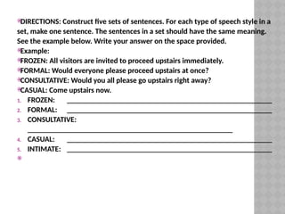 
DIRECTIONS: Construct five sets of sentences. For each type of speech style in a
set, make one sentence. The sentences in a set should have the same meaning.
See the example below. Write your answer on the space provided.

Example:

FROZEN: All visitors are invited to proceed upstairs immediately.

FORMAL: Would everyone please proceed upstairs at once?

CONSULTATIVE: Would you all please go upstairs right away?

CASUAL: Come upstairs now.
1. FROZEN: ______________________________________________________
2. FORMAL: ______________________________________________________
3. CONSULTATIVE:
______________________________________________________
4. CASUAL: ______________________________________________________
5. INTIMATE: ______________________________________________________

 