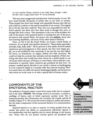 COMPONENTS OF THE EMOTIONAL FRACTION 143
we were married. Being a stutterer is not really funny, though. I often
feel like I have a large scarlet letter "S" on my forehead.
This may seem exaggerated and distorted. Unfortunately, it is not. We
have heard literally thousands of similar tales in one form or another.
These people have been hurt deeply and repeatedly because they did not
and could not conform to the speech standards of our society. The tragedy
lies in the fact that they could not. They were not responsible for their de-
fective speech, but those who hurt them acted as though they were, as
though they had a choice. This assumption is the core of the problem not
only of the person with impaired speech or hearing but also of the poor,
the person with mental illness, the person who has epilepsy, those who
have learning disabilities, and most of the other kinds of deviancy.
Once, on Fiji in the the South Pacific, we found a whole family of
stutterers. As our guide and translator phrased it, "Mama kaka; papa kaka;
and kaka, kaka, kaka, kaka." All six persons in that family showed marked
repetitions and prolongations in their speech, but they were happy peo-
pie, not at all troubled by their stuttering. It was just the way they talked.
No hurry, no frustrations, no stigma, indeed very little awareness. We
could not help but contrast their attitudes and the simplicity of their stut-
tering with those that would have been shown by a similar family in our
own land, where the pace of living is so much faster, where defective com-
munication is rejected, where stutterers get penalized all their lives. To
possess a marked speech disorder in our society is almost as handicapping
as to be a physical cripple in a nomadic tribe that exists by hunting. West-
ern society does not suffer the speech-handicapped gladly, and the persons
with whom we work come to us with a special kind of human misery.
COMPONENTS OF THE
EMOTIONAL FRACTION
The pollution of human misery comes from many wells, but its composi-
tion is the same: PFAGH. This strange word is an acronym, a coined as-
semblage of letters each of which represents another word. The P
represents penalty; the F frustration; the A anxiety, the G guilt, and the H
hostility (Figure 5-1). We invent this word to help you realize and remem-
ber the major components of the emotional fraction of a communication
disorder.
Impaired speech is no asset to anyone. It invites penalty from any
society that prizes the ability to communicate effectively. Speech is
the membership card that signifies that its owner belongs to the human
race. Those who do not possess normal speech are penalized and
 