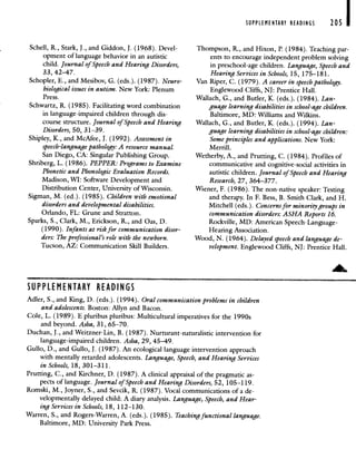 SUPPLEMENTARY READINGS
Schell, K., Stark) J., and Giddon, J. (1968). Devel-
opment of language behavior in an autistic
child. Journal of Speech and Hearing Disorders,
33, 42—47.
Schopler, E., and Mesibov, G. (eds.). (1987). Neuro-
biological issues in autism. New York: Plenum
Press.
Schwartz, R. (1985). Facilitating word combination
in language-impaired children through dis-
course structure. Journal of Speech and Hearing
Disorders, 50, 31—39.
Shipley, K., and McAfee, J. (1992). Assessment in
speech-language pathology: A resource manual.
San Diego, CA: Singular Publishing Group.
Shriberg, L. (1986). PEPPER: Programs to Examine
Phonetic and Phonologic Evaluation Records.
Madison, WI: Software Development and
Distribution Center, University of Wisconsin.
Sigman, M. (ed). (1985). Children with emotional
disorders and developmental disabilities.
Orlando, FL: Grune and Stratton.
Sparks, S., Clark, M., Erickson, K., and Oas, D.
(1990). Infants at risk for communication disor-
ders: The professional's role with the newborn.
Tucson, AZ: Communication Skill Builders.
Thompson, K., and Hixon, P. (1984). Teaching par-
ents to encourage independent problem solving
in preschool-age children. Language, Speech and
Hearing Services in Schools, 15, 175—181.
Van Riper, C. (1979). A career in speech pathology.
Englewood Cliffs, NJ: Prentice Hall.
Wallach, C., and Butler, K. (eds.). (1984). Lan-
guage learning disabilities in school-age children.
Baltimore, MD: Williams and Wilkins.
Wallach, C., and Butler, K. (eds.). (1994). Lan-
guage learning disabilities in school-age children:
Some principles and applications. New York:
Merrill.
Wetherby, A., and Prutting, C. (1984). Profiles of
communicative and cognitive-social activities in
autistic children. Journal of Speech and Hearing
Research, 27, 364—377.
Wiener, F. (1986). The non-native speaker: Testing
and therapy. In F. Bess, B. Smith Clark, and H.
Mitchell (eds.). Concerns for minority groups in
communication disorders: ASHA Reports 16.
Rockville, MD: American Speech-Language-
Hearing Association.
Wood, N. (1964). Delayed speech and language de-
velopment. Englewood Cliffs, NJ: Prentice Hall.
Adler, S., and King, D. (eds.). (1994). Oral communication problems in children
and adolescents. Boston: Allyn and Bacon.
Cole, L. (1989). E pluribus pluribus: Multicultural imperatives for the 199 Os
and beyond. Asha, 31, 65—70.
Duchan, J., and Weitzner-Lin, B. (1987). Nurturant-naturalistic intervention for
language-impaired children. Asha, 29, 45—49.
Gullo, D., and Gullo, J. (1987). An ecological language intervention approach
with mentally retarded adolescents. Language, Speech, and Hearing Services
in Schools, 18, 301—311.
Prutting, C., and Kirchner, D. (1987). A clinical appraisal of the pragmatic as-
pects of language. Journal of Speech and Hearing Disorders, 52, 105—119.
Romski, M., Joyner, S., and Sevcik, K. (1987). Vocal communications of a de-
velopmentally delayed child: A diary analysis. Language, Speech, and Hear-
ing Services in Schools, 18, 112—130.
Warren, S., and Rogers-Warren, A. (eds.). (1985). Teaching functional language.
Baltimore, MD: University Park Press.
205 I
SUPPLEMENTARY READINGS
 
