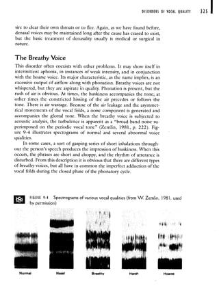 DISORDERS OF VOCAL QUALITY 325
sire to clear their own throats or to flee. Again, as we have found before,
denasal voices may be maintained long after the cause has ceased to exist,
but the basic treatment of denasality usually is medical or surgical in
nature.
The Breathy Voice
This disorder often coexists with other problems. It may show itself in
intermittent aphonia, in instances of weak intensity, and in conjunction
with the hoarse voice. Its major characteristic, as the name implies, is an
excessive output of airflow along with phonation. Breathy voices are not
whispered, but they are aspirate in quality. Phonation is present, but the
rush of air is obvious. At times, the huskiness accompanies the tone; at
other times the constricted hissing of the air precedes or follows the
tone. There is air wastage. Because of the air leakage and the asymmet-
rical movements of the vocal folds, a noise component is generated and
accompanies the glottal tone. When the breathy voice is subjected to
acoustic analysis, the turbulence is apparent as a "broad-band noise su-
perimposed on the periodic vocal tone" (Zemlin, 1981, p. 222). Fig-
ure 9-4 illustrates spectograms of normal and several abnormal voice
qualities.
In some cases, a sort of gasping series of short inhalations through-
out the person's speech produces the impression of huskiness. When this
occurs, the phrases are short and choppy, and the rhythm of utterance is
disturbed. From this description it is obvious that there are different types
of breathy voices, but all have in common the imperfect adduction of the
vocal folds during the closed phase of the phonatory cycle.
FIGURE 9-4 Spectrograms of various vocal qualities (from 'V. Zemlin, 1981, used
by permission)
Normal Nasal Breathy Harsh Hoarse
 