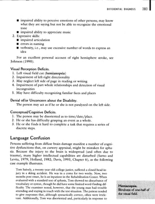 DIFFERENTIAL DIAGNOSIS
• impaired ability to perceive emotions of other persons; may know
what they are saying but not be able to recognize the emotional
tone
• impaired ability to appreciate music
2. Expressive skills:
• impaired articulation
• errors in naming
• verbosity, i.e., may use excessive number of words to express an
idea
For an excellent personal account of right hemisphere stroke, see
Johnson (1990).
Visual Perception Deficits.
1. Left visual field cut (hemianopsia)
2. Impairment of left-right directionality
3. May neglect left side of page in reading or writing
4. Impairment of part-whole relationships and detection of visual
incongruities
5. May have difficulty recognizing familiar faces and places
Denial of/or Unconcern about the Disability.
The person may act as if he or she is not paralyzed on the left side.
Conceptual/Cognitive Deficits.
1. The person may be disoriented as to time/date/place.
2. He or she has difficulty grasping an event as a whole.
3. He or she finds it hard to complete a task that requires a series of
discrete steps.
Language Confusion
Persons suffering from diffuse brain damage manifest a number of cogni-
tive dysfunctions that, on cursory appraisal, might be mistaken for apha-
sia. Because the injury to the brain is widespread (and often due to
trauma), many higher intellectual capabilities are disturbed (Sarno and
Levita, 1979; Holland, 1982; Davis, 1993, Chapter 6), as the following
case example illustrates.
Tom Snively, a twenty-year-old college junior, suffered a closed head in-
jury in a skiing accident. He was in a coma for two weeks. Now, two
months post onset, he is an inpatient in the Rehabilitation Center. When
evaluated with a standard test of aphasia, Tom showed no disturbance of
vocabulary or syntax, though he did have some limited word-finding dif-
ficulty. The examiner noted, however, that the young man had trouble
attending and staying in touch with the test situation. The patient tended
to give responses that, although syntactically correct, often were irrele-
vant. Additionally, Tom was disoriented and, particularly in response to
 