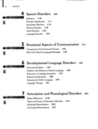 CONTENTS
4 Speech Disorders 109
Definition I I 0
Disorder Classification I I I
Articulation Disorders I I 3
Fluency Disorders I I 8
Voice Disorders I 23
Language Disorders I 3 3
5 Emotional Aspects of Communication 141
Components of the Emotional Fraction I 43
Role of the Speech-Language Pathologist I 57
Developmental Language Disorders 165
Nonverbal Children I 67
Children with Delayed or Deviant Language
Deterrents to Language Acquisition I 72
Experience Deprivation I 85
Assessing the Child's Language I 87
Language Therapy I 9 I
Dialect Differences 2 I 0
Types and Causes of Articulatory Disorders 2 I 2
Analyzing Misarticulations 222
Correcting Misarticulations 23 I
6
7
t-:-
169
Articulation and Phonological Disorders 207
 