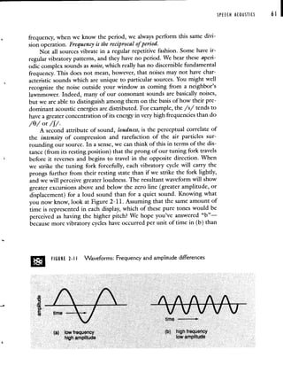 SPEECH ACOUSTICS 61 I
frequency, when we know the period, we always perform this same divi-
sion operation. Frequency is the reciprocal of period.
Not all sources vibrate in a regular repetitive fashion. Some have ir-
regular vibratory patterns, and they have no period. We hear these aperi-
odic complex sounds as noise, which really has no discernible fundamental
frequency. This does not mean, however, that noises may not have char-
acteristic sounds which are unique to particular sources. You might well
recognize the noise outside your window as coming from a neighbor's
lawnmower. Indeed, many of our consonant sounds are basically noises,
but we are able to distinguish among them on the basis of how their pre-
dominant acoustic energies are distributed. For example, the /s/ tends to
have a greater concentration of its energy in very high frequencies than do
/8/ or /f/.
A second attribute of sound, loudness, is the perceptual correlate of
the intensity of compression and rarefaction of the air particles sur-
rounding our source. In a sense, we can think of this in terms of the dis-
tance (from its resting position) that the prong of our tuning fork travels
before it reverses and begins to travel in the opposite direction. When
we strike the tuning fork forcefully, each vibratory cycle will carry the
prongs further from their resting state than if we strike the fork lightly,
and we will perceive greater loudness. The resultant waveform will show
greater excursions above and below the zero line (greater amplitude, or
displacement) for a loud sound than for a quiet sound. Knowing what
you now know, look at Figure 2-11. Assuming that the same amount of
time is represented in each display, which of these pure tones would be
perceived as having the higher pitch? We hope you've answered "b"—
because more vibratory cycles have occurred per unit of time in (b) than
D FIGURE 2.1 I 'Naveforms: Frequency and amplitude differences
(a) low frequency (b) high frequency
high amplitude low amplitude
 