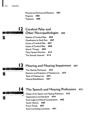 CONTENTS
Physical and Psychosocial Elements 387
Prognosis 388
Treatment 389
12 Cerebral Palsy and
Other Neuropathologies 403
Varieties of Cerebral Palsy 405
Classification by Body Parts 407
Causes of Cerebral Palsy 407
Impact of Cerebral Palsy 408
Speech Therapy 409
Motor Speech Disorders 4 I 2
The Severely lmpaird 4 I 3
I 3 Hearing and Hearing Impairment 423
The Heanng Mechanism 424
Detection and Evaluation of Hearing Loss 427
Types of Hearing Loss 435
Hearing Rehabilitation 457
14 The Speech and Hearing Professions 472
Origins of the Speech and Hearing Professions 472
Organizations and Standards 479
Some Legal and Ethical Considerations 483
Career Options 485
Future Trends 487
Some Concluding Comments 49I
 