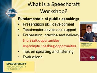 What is a Speechcraft 
Workshop? 
Fundamentals of public speaking: 
• Presentation skill development 
• Toastmaster advice and support 
• Preparation, practice and delivery 
Short talk opportunities 
Impromptu speaking opportunities 
• Tips on speaking and listening 
• Evaluations 
 