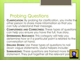 Probing Questions
• CLARIFICATION: By probing for clarification, you invite the
other person to share more information so that you
can fully understand their message.
• COMPLETENESS AND CORRECTNESS: These types of questions
can help you ensure you have the full, true story.
• DETERMINING RELEVANCE: This category will help you
determine how or if a particular point is related to the
conversation at hand.
• DRILLING DOWN: Use these types of questions to nail
down vague statements. Useful helpers include:
• SUMMARIZING: These questions are framed more like a
statement. They pull together all the relevant points.
 