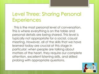 Level Three: Sharing Personal
Experiences
�This is the most personal level of conversation.
This is where everything is on the table and
personal details are being shared. This level is
typically not appropriate for a social, casual
meeting. However, all of the skills that we have
learned today are crucial at this stage in
particular: when people are talking about
matters of the heart, they require our complete
attention, excellent listening skills, and skilled
probing with appropriate questions.
 