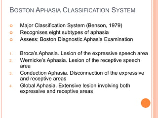 BOSTON APHASIA CLASSIFICATION SYSTEM
 Major Classification System (Benson, 1979)
 Recognises eight subtypes of aphasia
 Assess: Boston Diagnostic Aphasia Examination
1. Broca’s Aphasia. Lesion of the expressive speech area
2. Wernicke’s Aphasia. Lesion of the receptive speech
area
3. Conduction Aphasia. Disconnection of the expressive
and receptive areas
4. Global Aphasia. Extensive lesion involving both
expressive and receptive areas
 