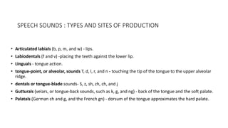 SPEECH SOUNDS : TYPES AND SITES OF PRODUCTION
• Articulated labials (b, p, m, and w) - lips.
• Labiodentals (f and v) -placing the teeth against the lower lip.
• Linguals - tongue action.
• tongue-point, or alveolar, sounds T, d, l, r, and n - touching the tip of the tongue to the upper alveolar
ridge.
• dentals or tongue-blade sounds- S, z, sh, zh, ch, and j
• Gutturals (velars, or tongue-back sounds, such as k, g, and ng) - back of the tongue and the soft palate.
• Palatals (German ch and g, and the French gn) - dorsum of the tongue approximates the hard palate.
 