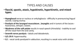 TYPES AND CAUSES
• flaccid, spastic, ataxic, hypokinetic, hyperkinetic, and mixed
types.
• Hypoglossal nerve or nucleus or ankyloglossia - difficulty in pronouncing lingual
sounds. Lisping clumsy.
• Paralysis of the laryngeal musculature , laryngitis and in tumors of the larynx -
hoarseness, whisper; vowels.
• Weakness of the soft palate results in nasal speech (rhinolalia) - inability to seal
off the nasal from the oral cavity.
• Seventh nerve paralysis - labials and labiodentals.
• U/L CN X -hypernasality.
• B/L - vocal cords paralyzed in adduction, resulting in a weak voice with stridor.
 