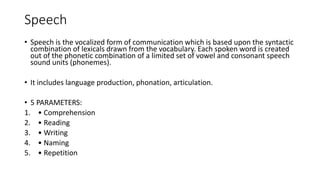 Speech
• Speech is the vocalized form of communication which is based upon the syntactic
combination of lexicals drawn from the vocabulary. Each spoken word is created
out of the phonetic combination of a limited set of vowel and consonant speech
sound units (phonemes).
• It includes language production, phonation, articulation.
• 5 PARAMETERS:
1. • Comprehension
2. • Reading
3. • Writing
4. • Naming
5. • Repetition
 