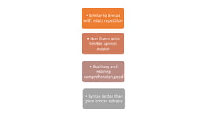 • Similar to brocas
with intact repetition
• Non fluent with
limited speech
output
• Auditory and
reading
comprehension good
• Syntax better than
pure brocas aphasia
 