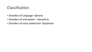 Classification
• Disorders of Language- Aphasia
• Disorders of articulation – Dysarthria
• Disorders of voice production- Dysphonia
 