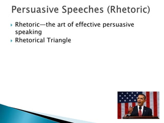  Rhetoric—the art of effective persuasive
speaking
 Rhetorical Triangle
 