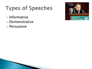  Informative
 Demonstrative
 Persuasive
 