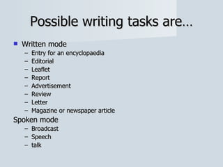 Possible writing tasks are… Written mode Entry for an encyclopaedia Editorial Leaflet Report Advertisement Review Letter Magazine or newspaper article Spoken mode Broadcast Speech talk 