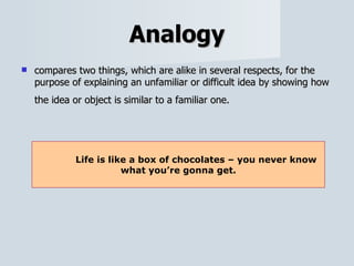 Analogy compares two things, which are alike in several respects, for the purpose of explaining an unfamiliar or difficult idea by showing how the idea or object is similar to a familiar one.   Life is like a box of chocolates – you never know what you’re gonna get. 